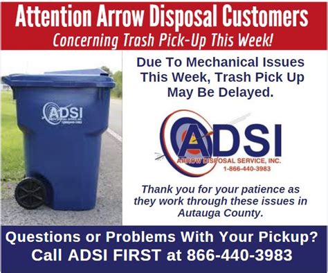 Adsi trash - May 13, 2022 · Pay your Arrow Disposal Service (AL) bill online with doxo, Pay with a credit card, debit card, or direct from your bank account. doxo is the simple, protected way to pay your bills with a single account and accomplish your financial goals. Manage all your bills, get payment due date reminders and schedule automatic payments from a single app. 
